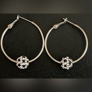 Silver Tone & Sparkling Disco Ball Bead Hoop Earrings
